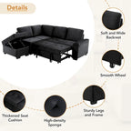 Divano sezionale a L a 5 posti con funzione letto, con pouf contenitore, vano contenitore nel bracciolo e ricarica USB per soggiorno, 84,75 pollici