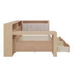 Divano Letto a "L" in Legno con Scrivania, Mobile Libreria, Letto Angolare con Cassetti Sottostanti, Testiera Imbottita con Luce Integrata