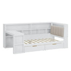 Divano Letto a "L" in Legno con Scrivania, Mobile Libreria, Letto Angolare con Cassetti Sottostanti, Testiera Imbottita con Luce Integrata